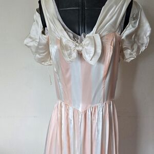 Vintage Gunne Sax Bridgerton Satin Pink & White Striped Dress Bow Pearl Buttons